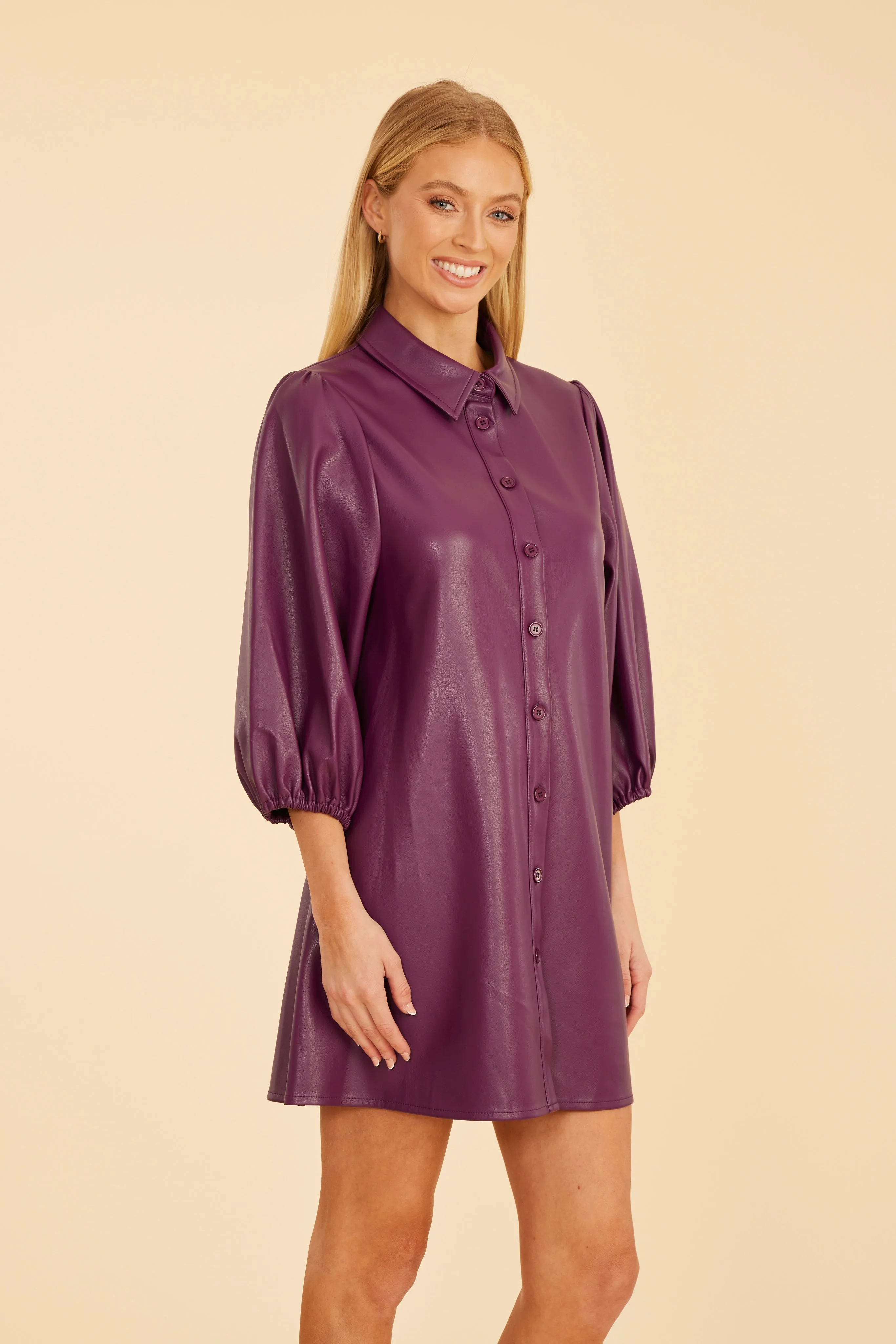 Faux Leather Puff Sleeve Dress