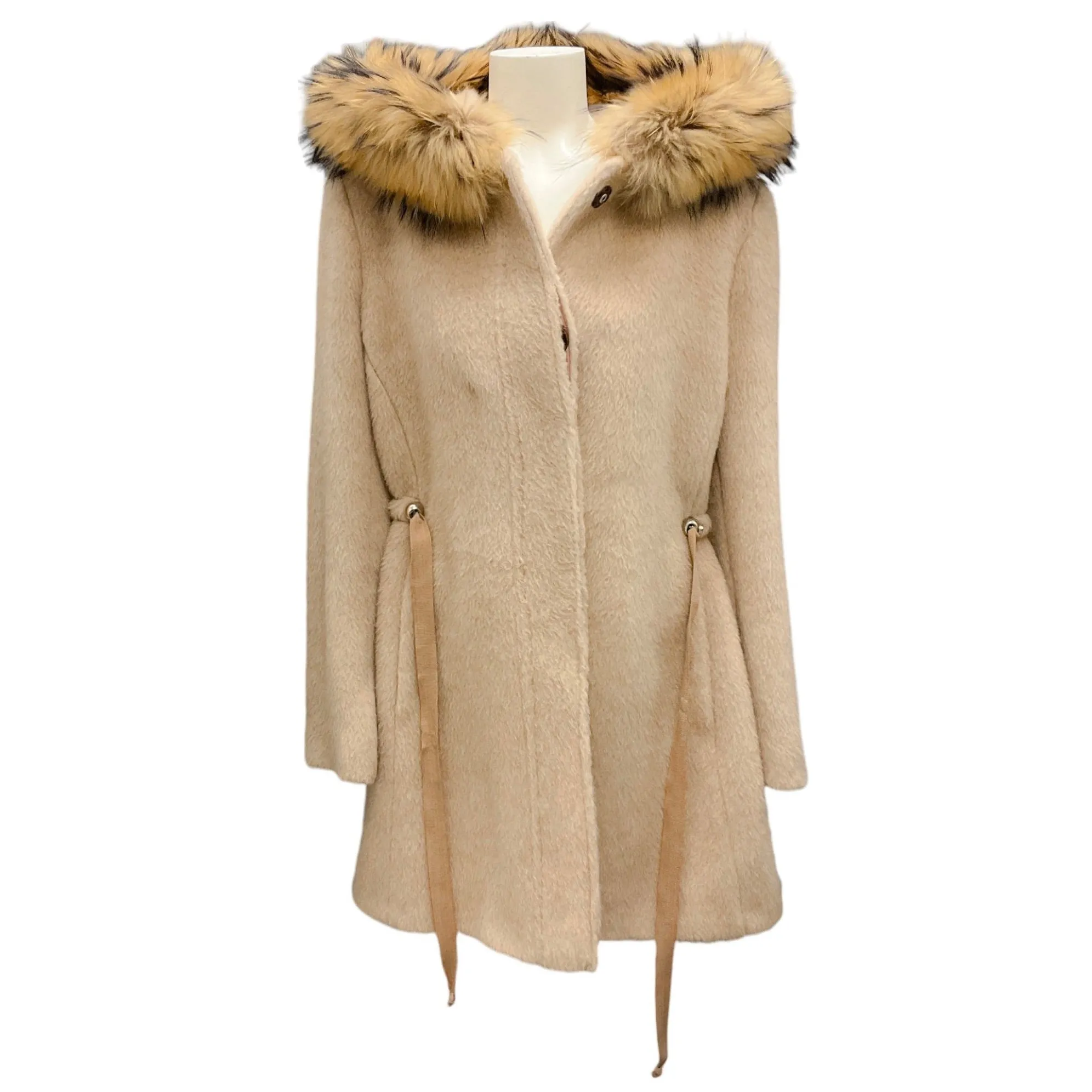 Fleurette Dark Beige Raccoon Fur Trimmed Hooded Wool and Alpaca Coat