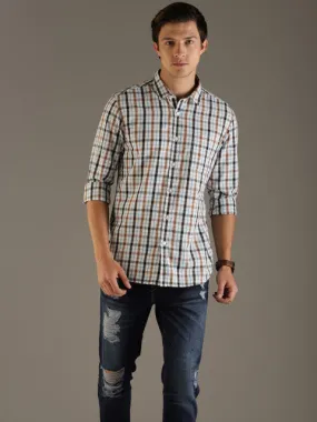 Flying Machine Men White & Blue Slim Fit Checked Casual Shirt