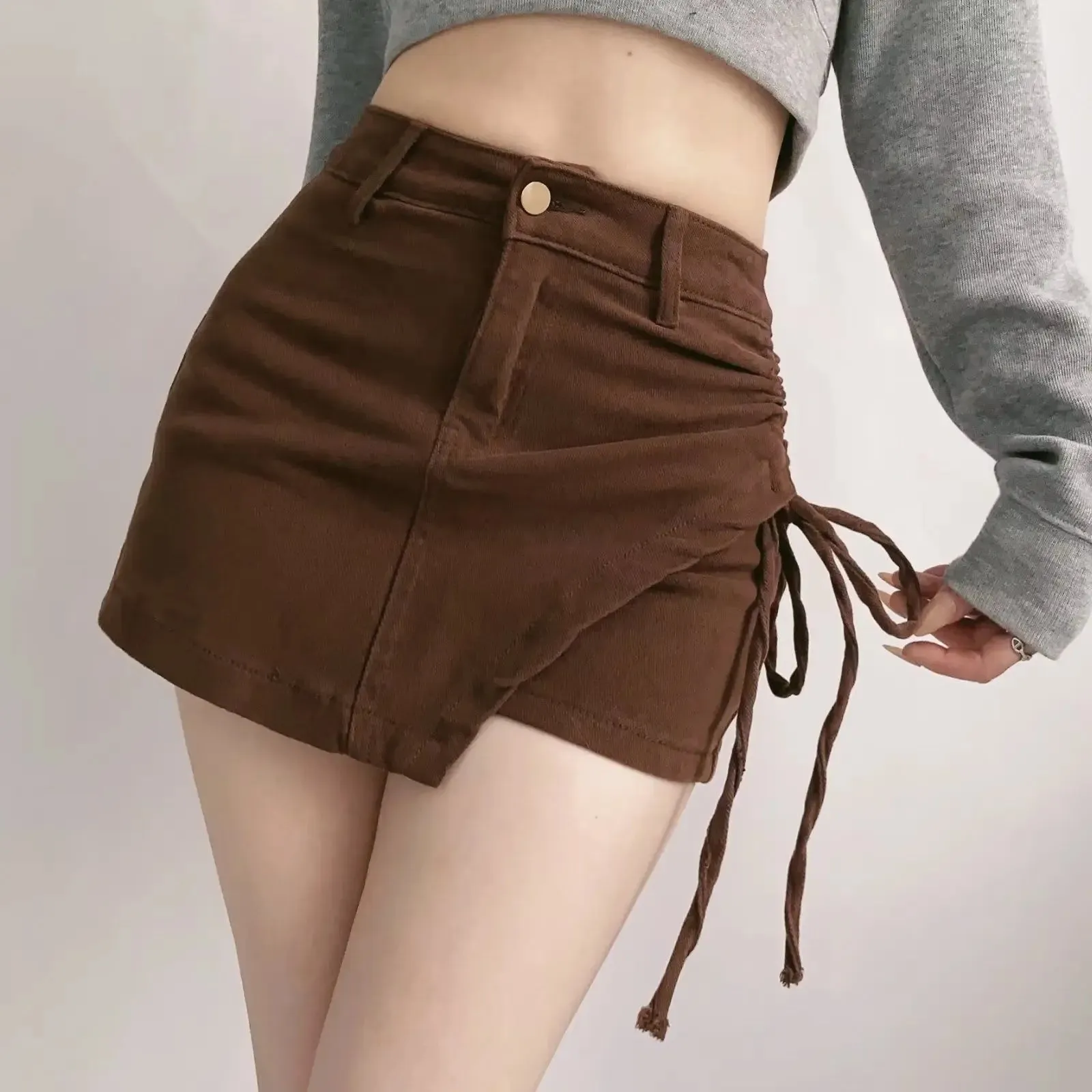 Girlary Retro Women Shorts American Hot Girl Side Drawstring Loose High Waist Hip Culottes Casual Harajuku Shorts for Women Streetwear