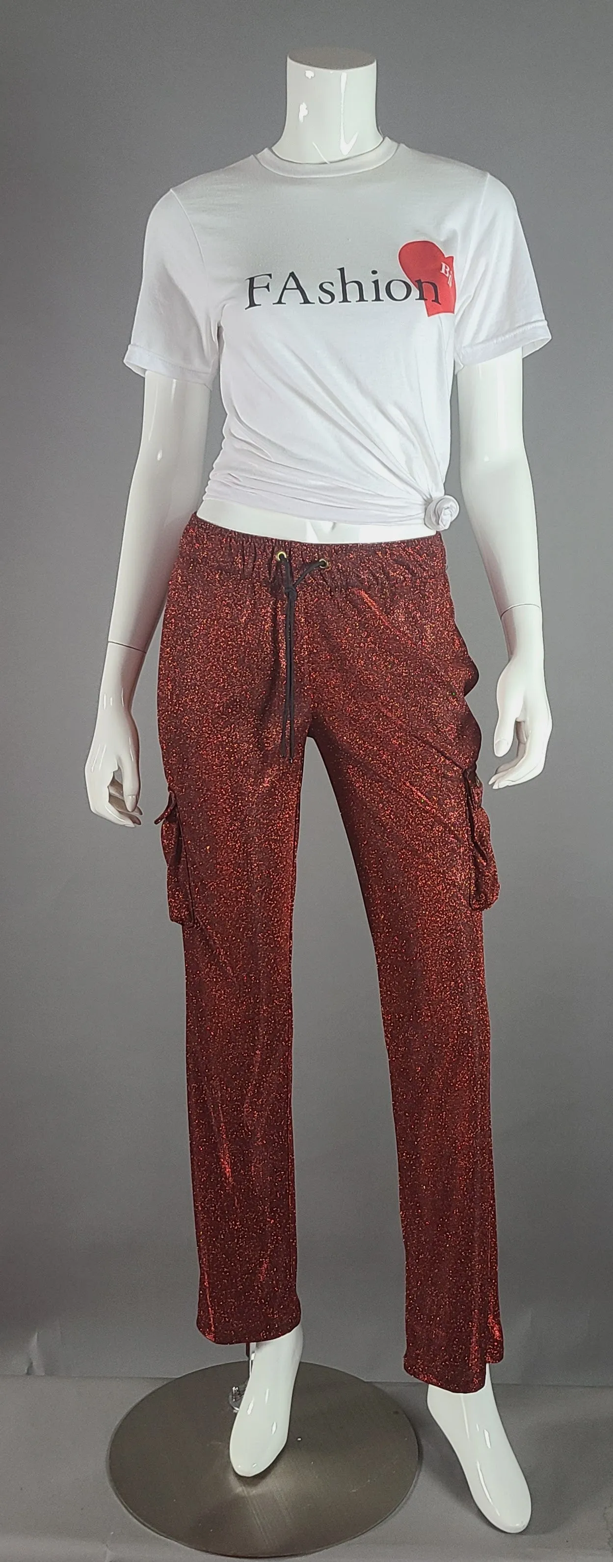 Glitter Drawstring Cargo Pants Deep Red