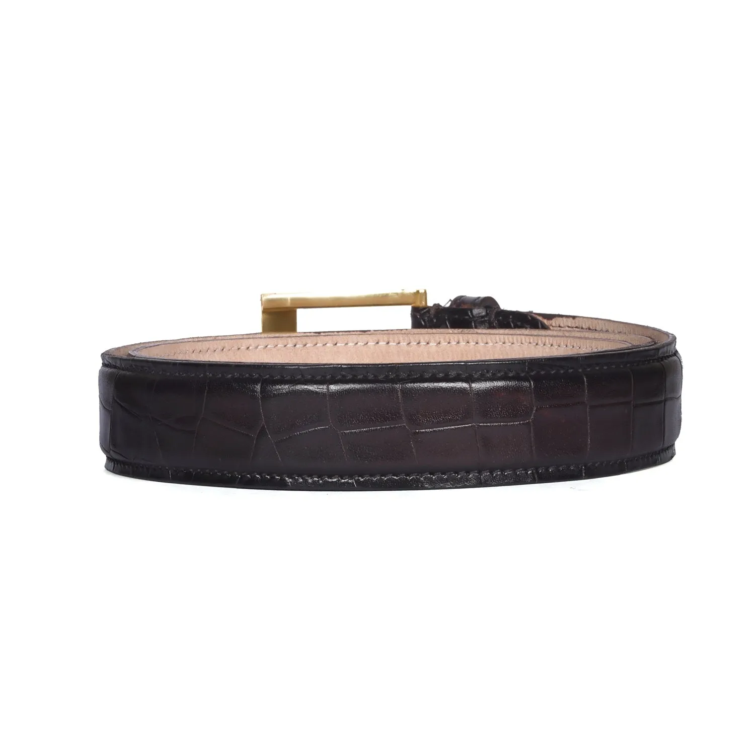 Golden Square Buckle Dark Brown Croco With Hand Painted Leather Formal Belt By Brune & Bareskin