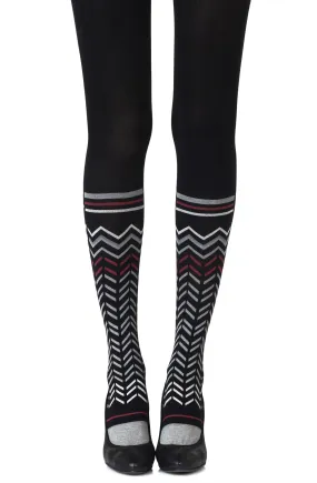 Gorgeous Opaque Grey Burgundy Zig Zag Print 100 Denier Black Tights