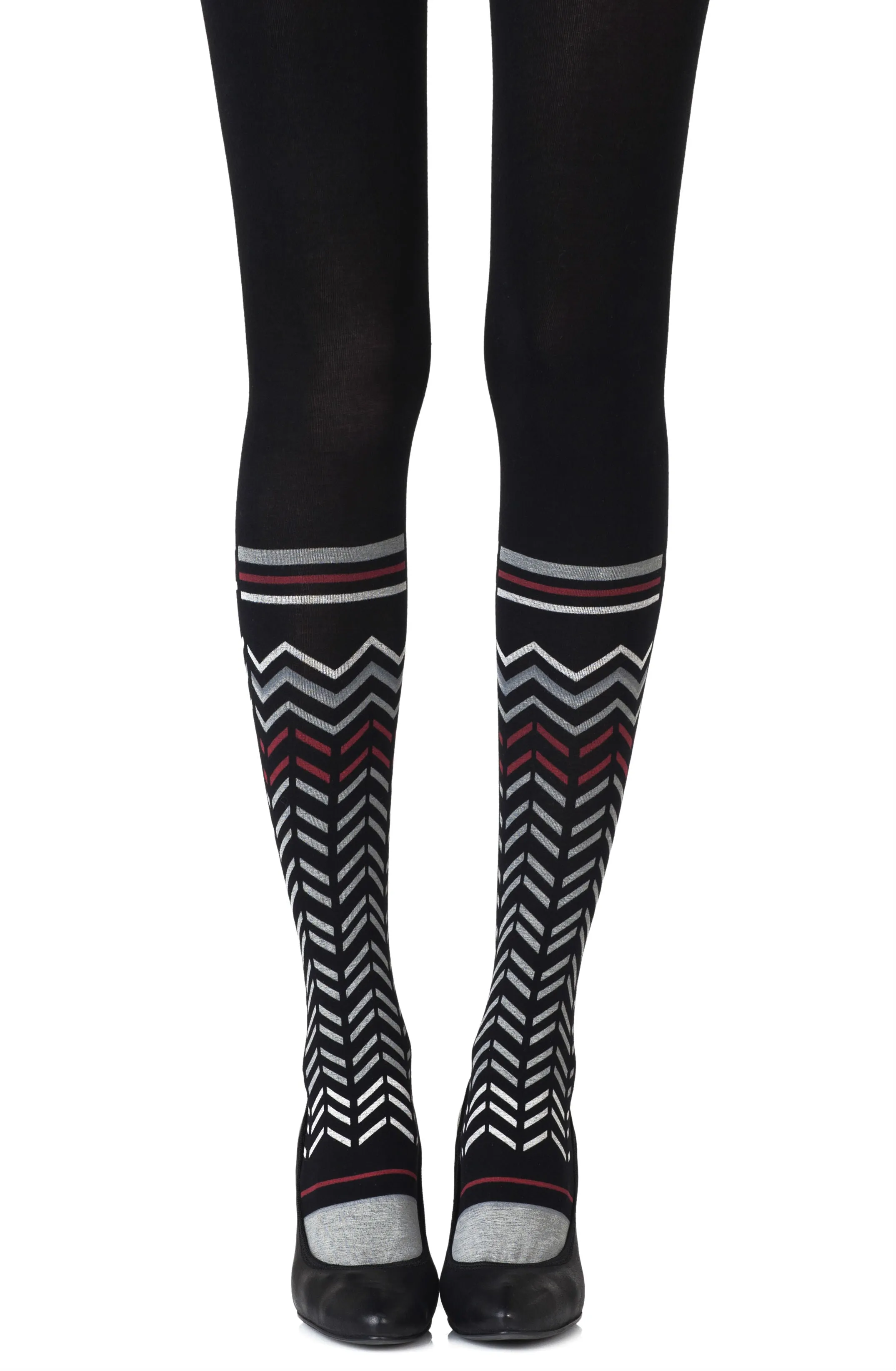 Gorgeous Opaque Grey Burgundy Zig Zag Print 100 Denier Black Tights