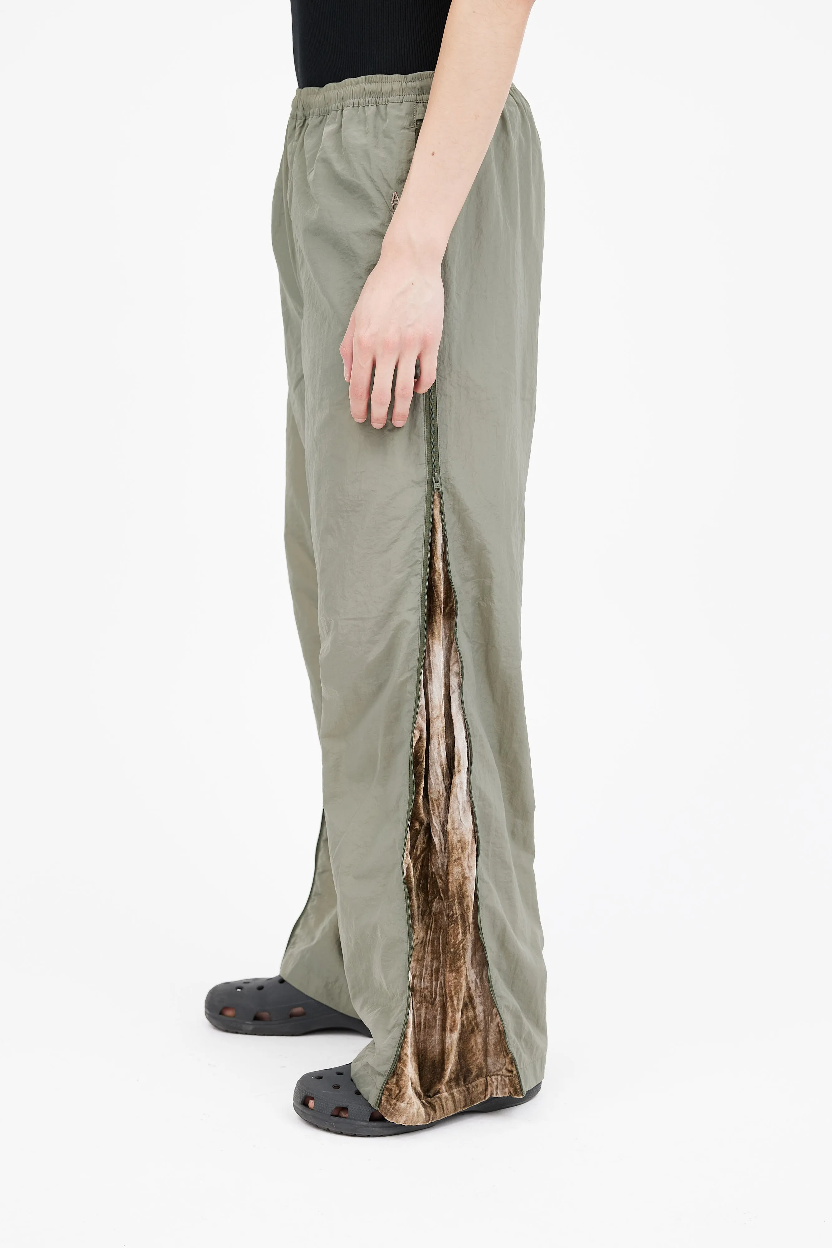 Green Nylon & Velvet Side Zip Track Pant