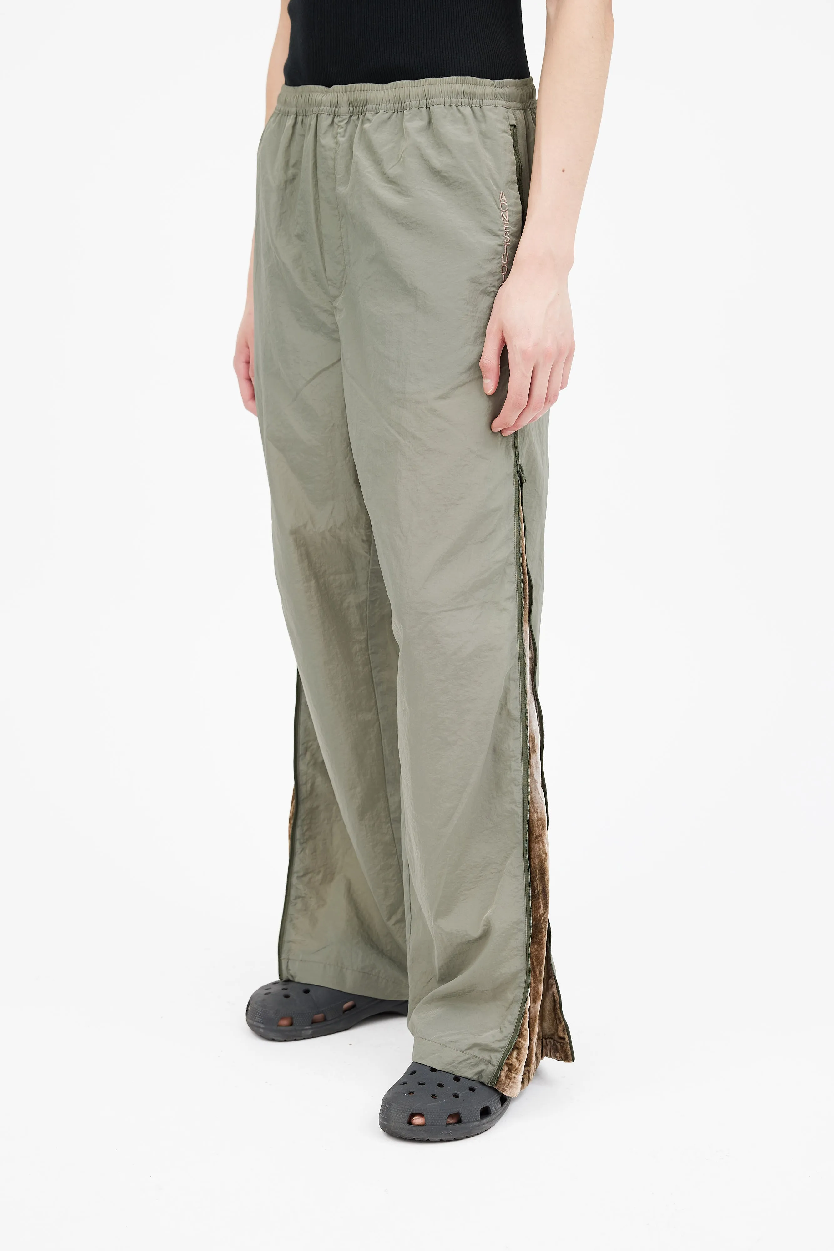 Green Nylon & Velvet Side Zip Track Pant