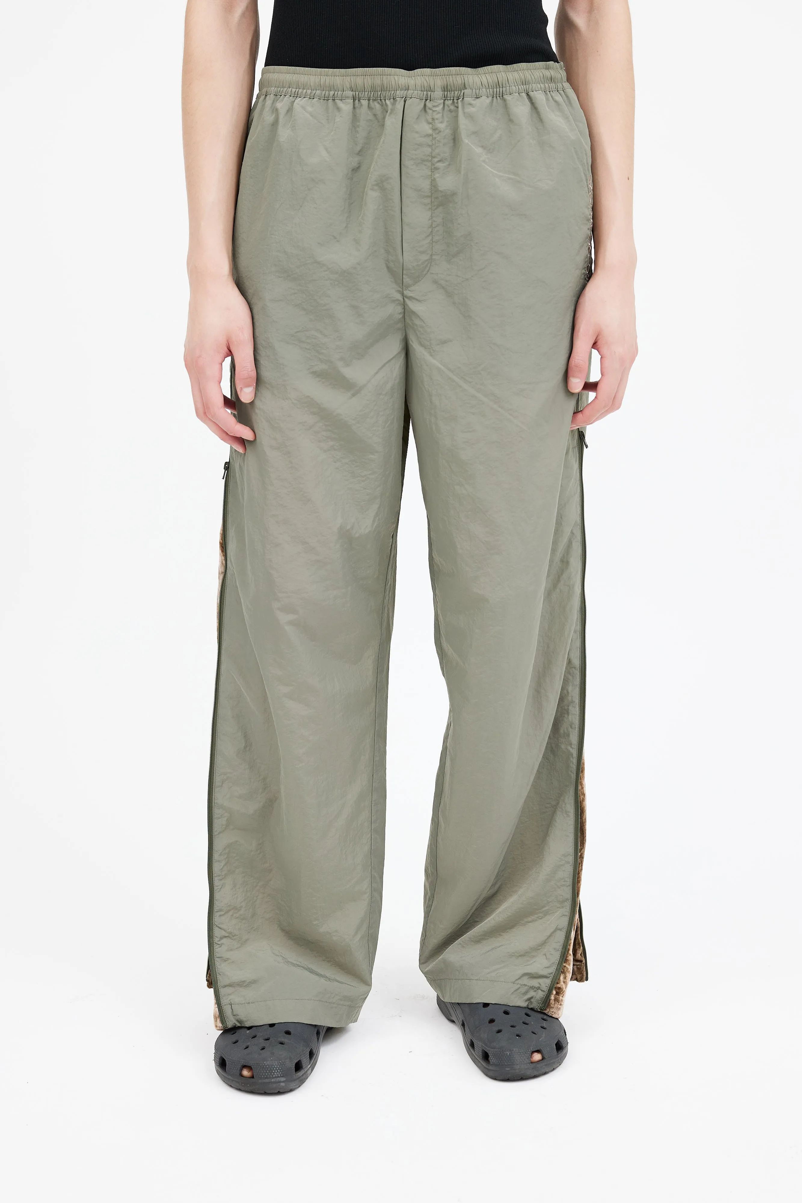 Green Nylon & Velvet Side Zip Track Pant