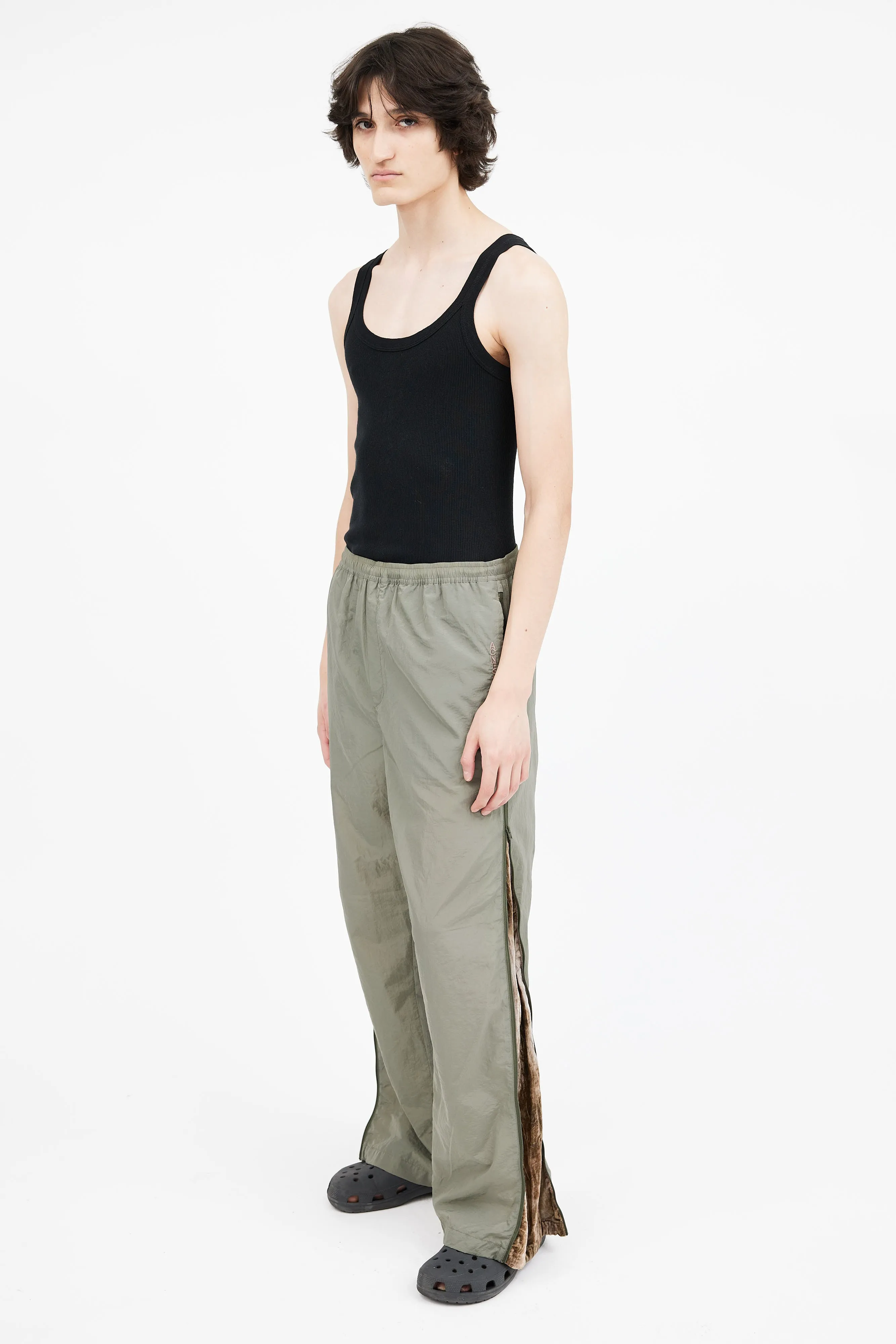 Green Nylon & Velvet Side Zip Track Pant