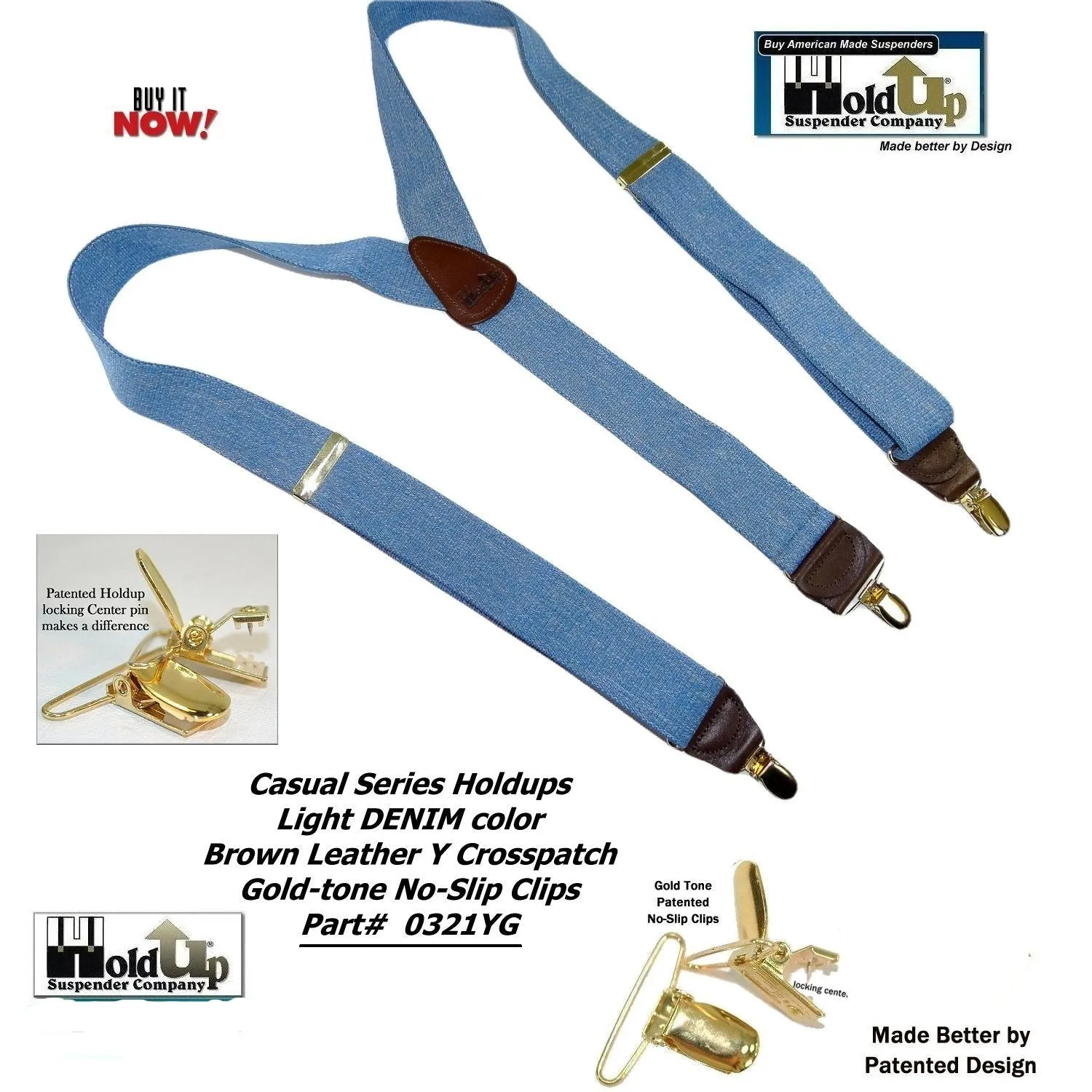 Holdup Suspender Company's Light Blue Denim Y-back Suspenders 1 1/2" width with USA  Patented No-slip Gold-tone Clips