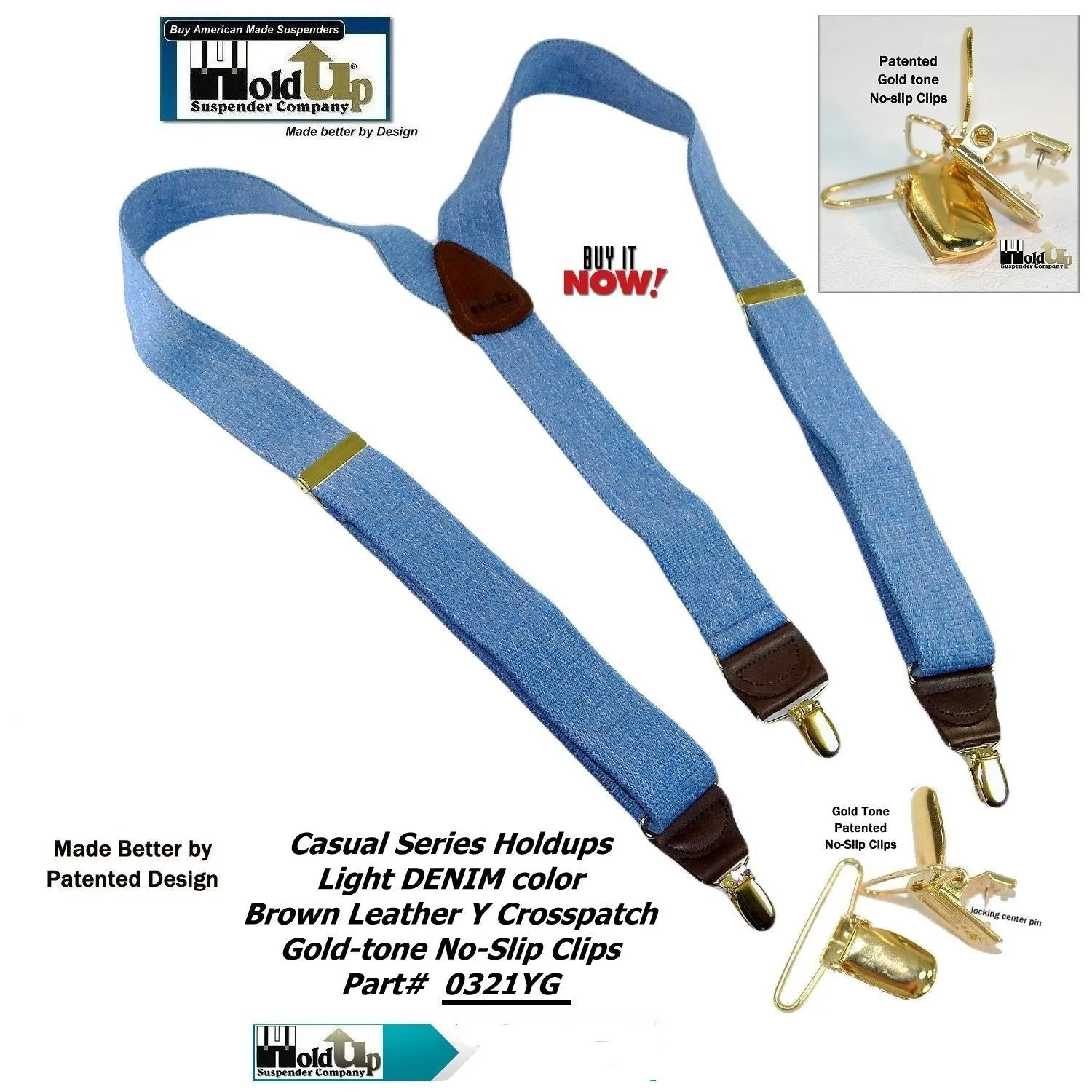 Holdup Suspender Company's Light Blue Denim Y-back Suspenders 1 1/2" width with USA  Patented No-slip Gold-tone Clips