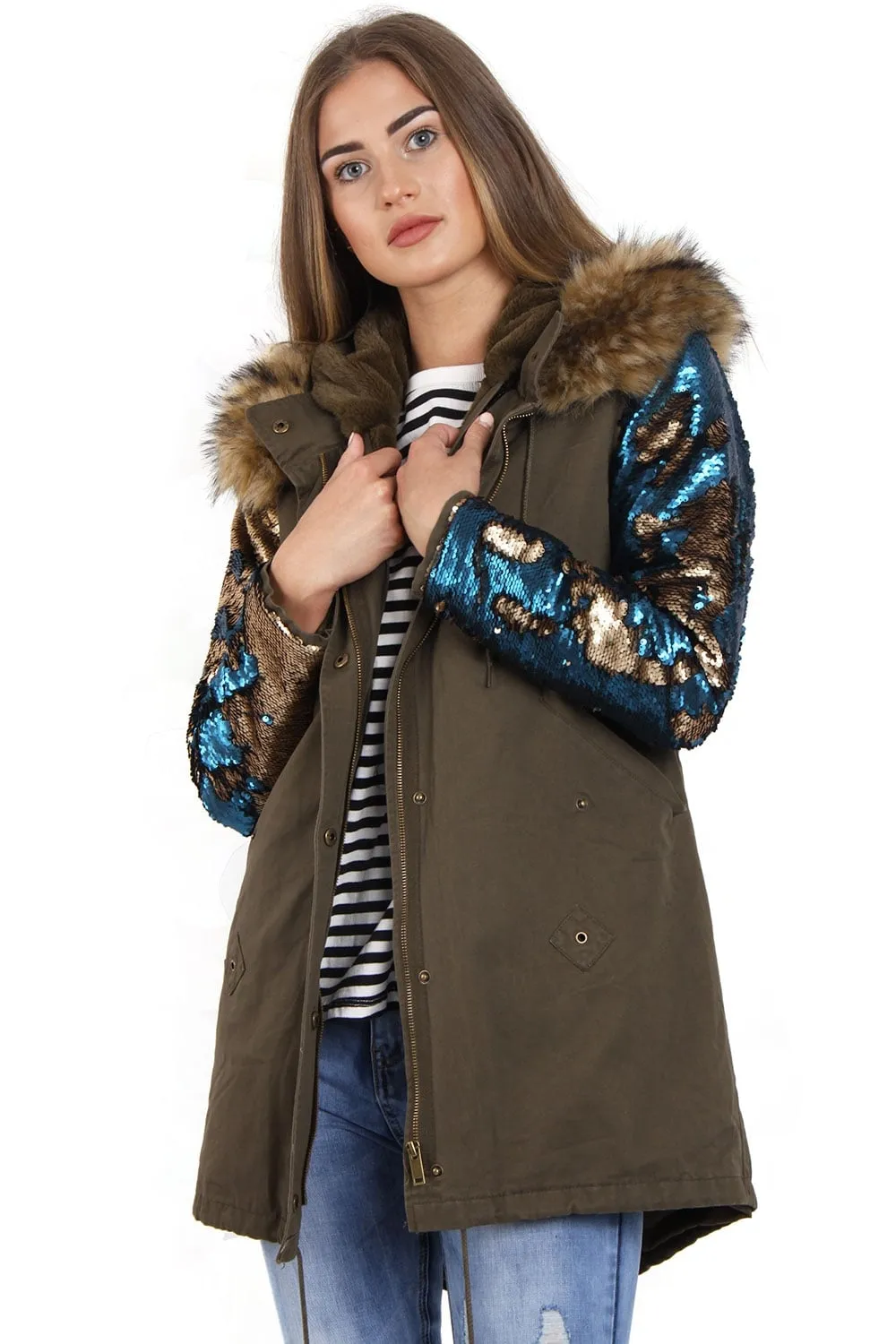 Hooded Two Sided Colour Change Sequin Arms Faux Fur Trim Fleece Parka Jacket Coat