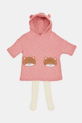 Infant Girls Pink Hooded Fleece Dress With Tights (2 Piece)