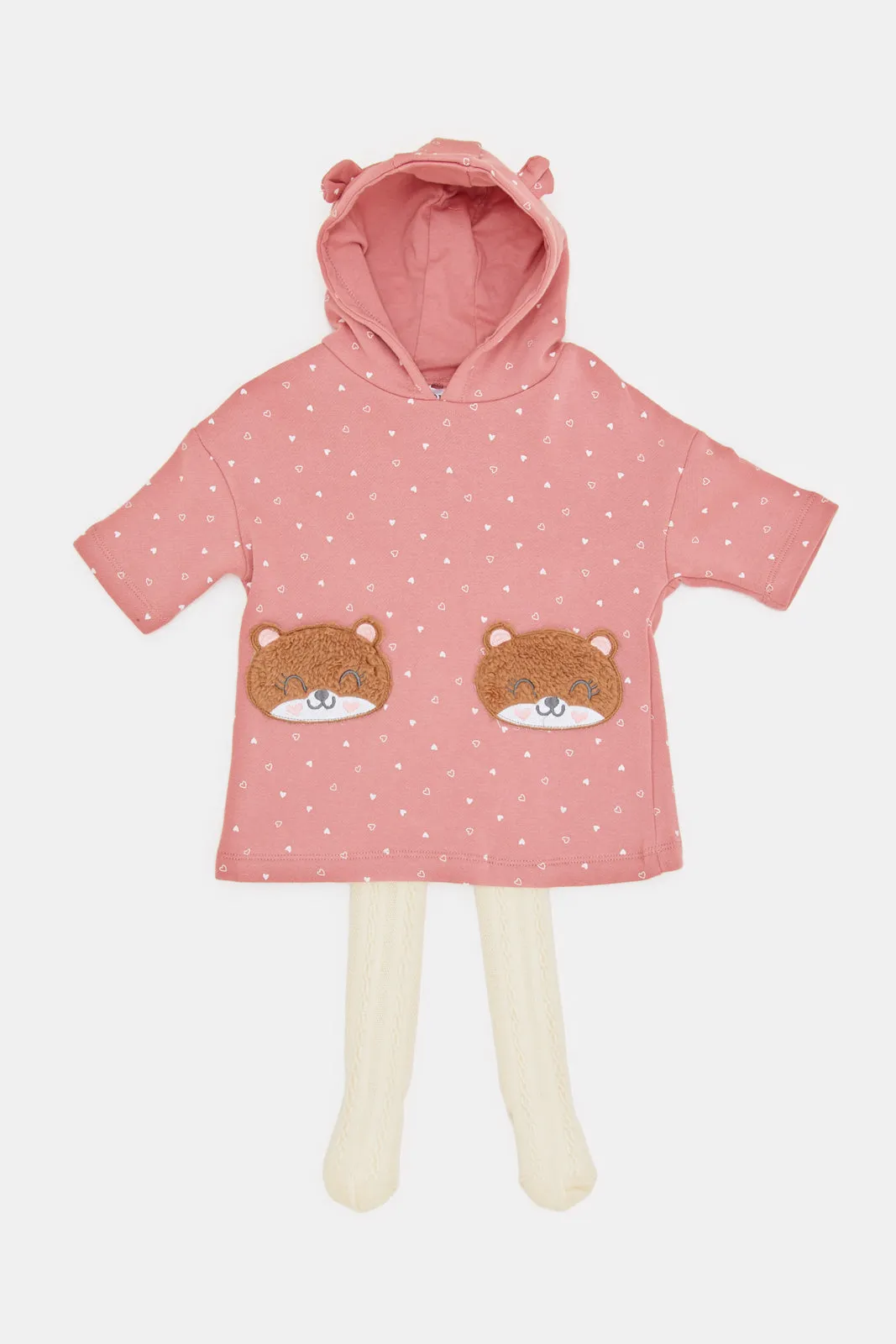 Infant Girls Pink Hooded Fleece Dress With Tights (2 Piece)