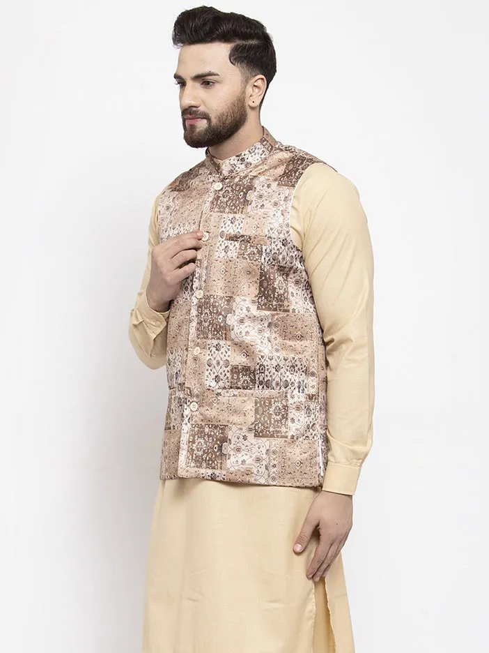 Jashvi Men's Beige Printed Nehru Jacket