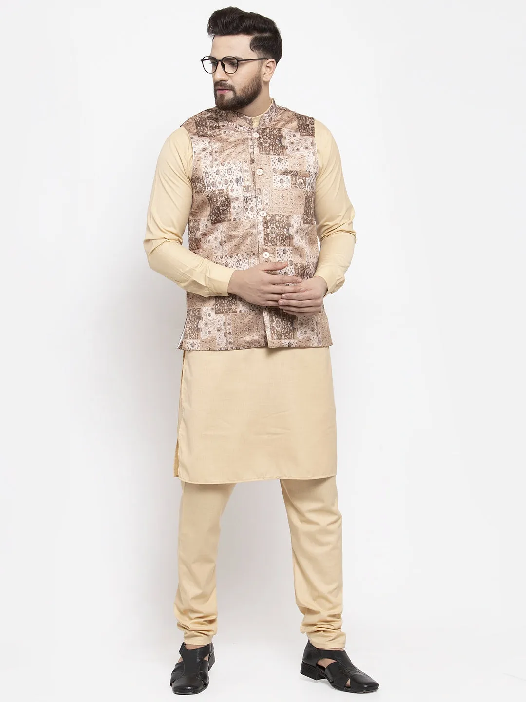 Jashvi Men's Beige Printed Nehru Jacket