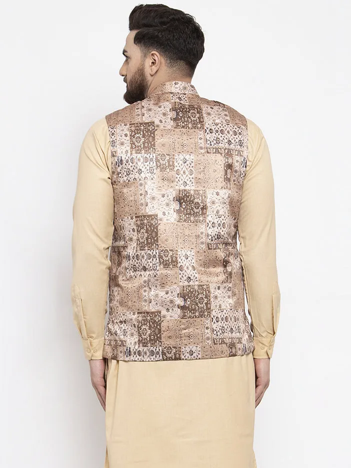 Jashvi Men's Beige Printed Nehru Jacket