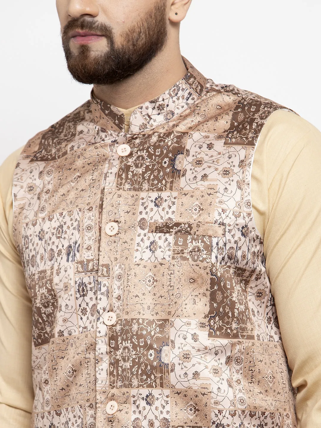 Jashvi Men's Beige Printed Nehru Jacket