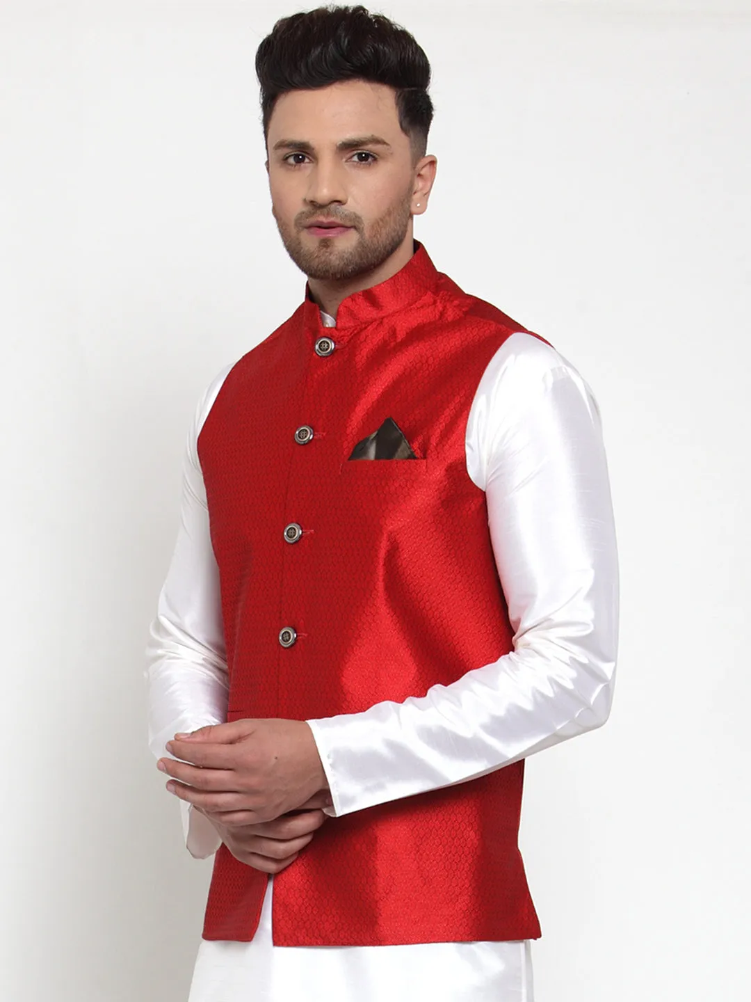 Jashvi Men's Maroon Woven Jacquard Nehru Jacket