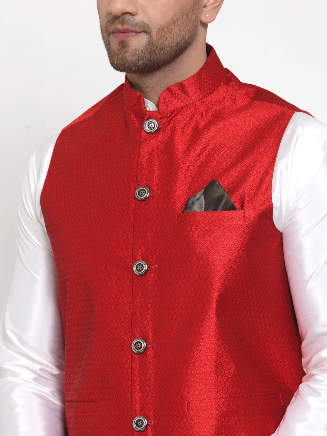 Jashvi Men's Maroon Woven Jacquard Nehru Jacket