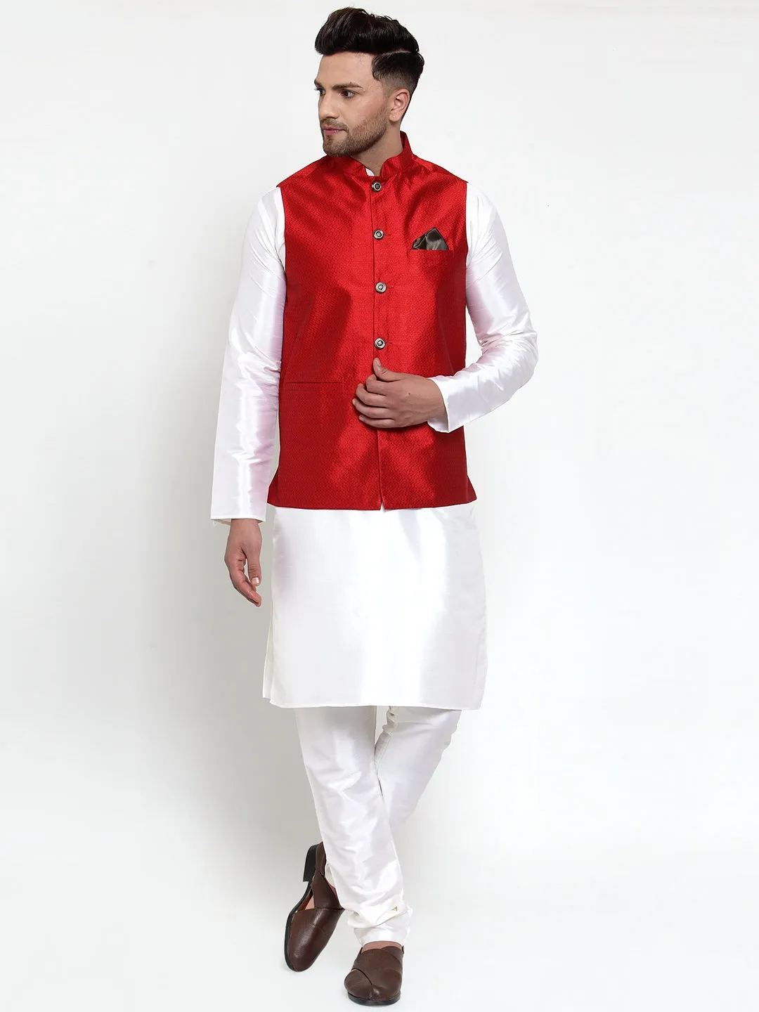 Jashvi Men's Maroon Woven Jacquard Nehru Jacket