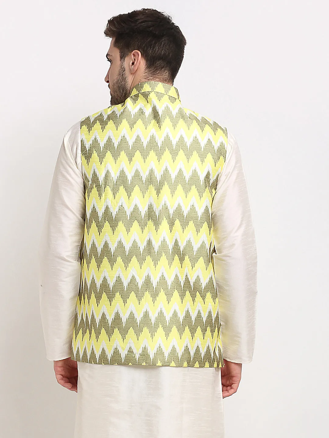 Jashvi Men's Olive Ikat Printed Nehru Jacket