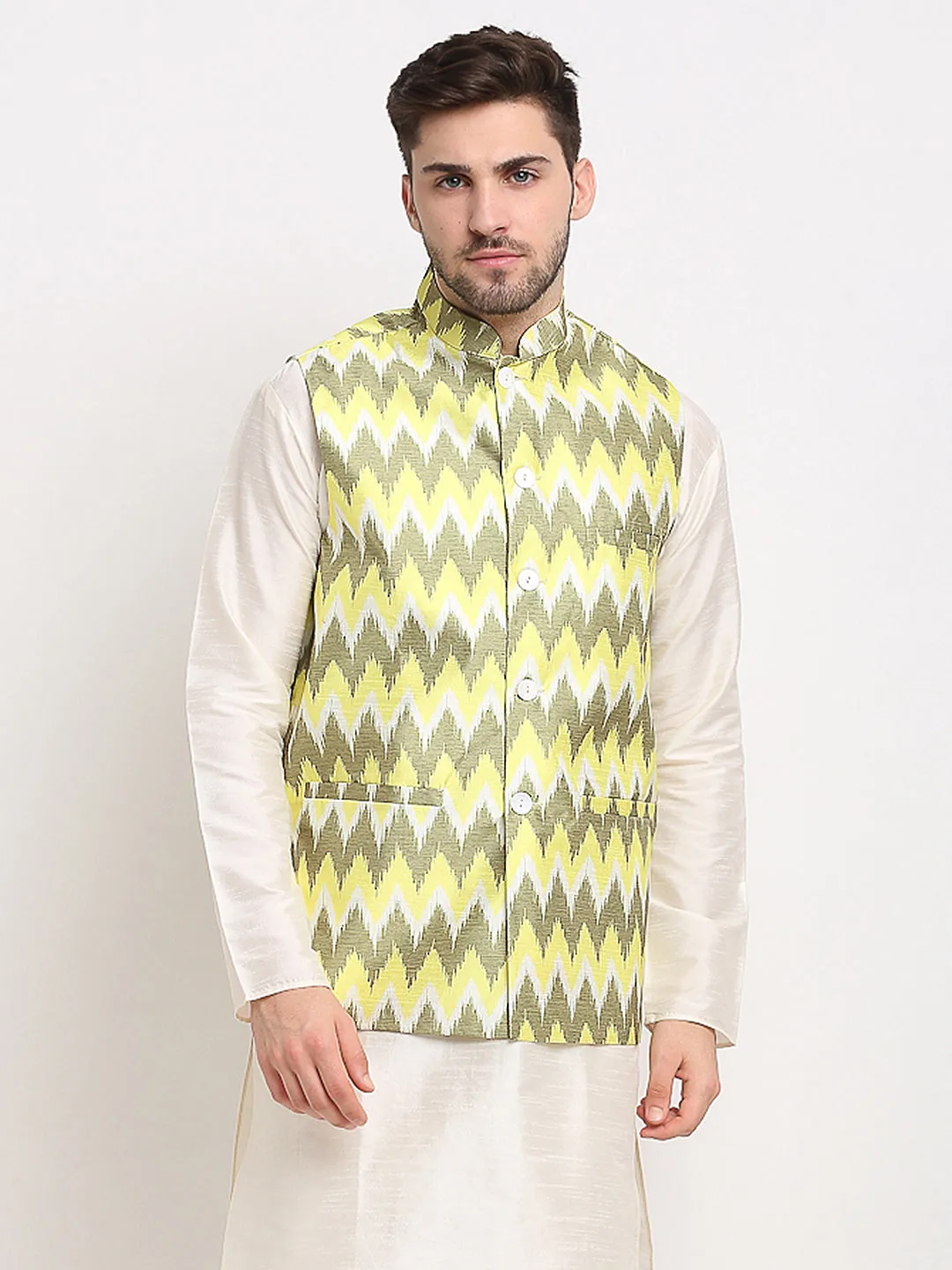 Jashvi Men's Olive Ikat Printed Nehru Jacket