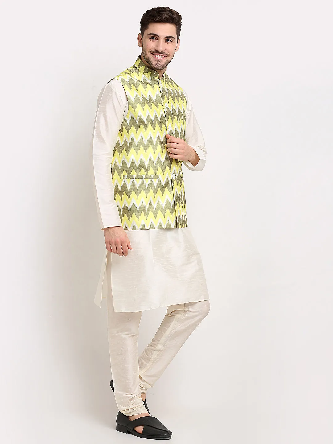 Jashvi Men's Olive Ikat Printed Nehru Jacket