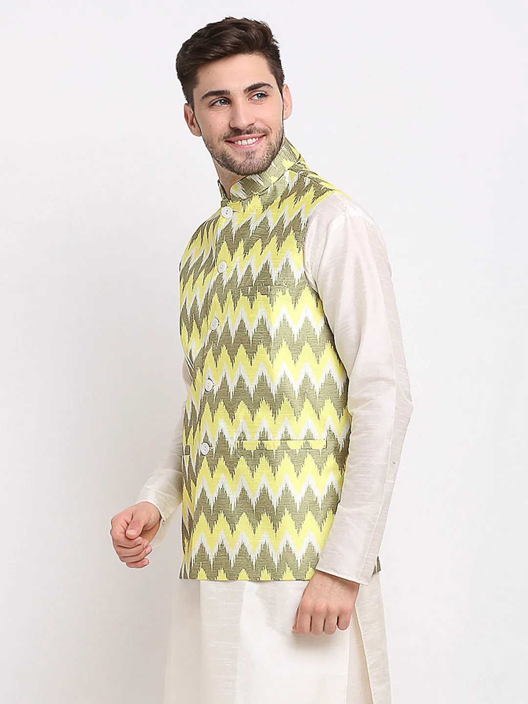 Jashvi Men's Olive Ikat Printed Nehru Jacket