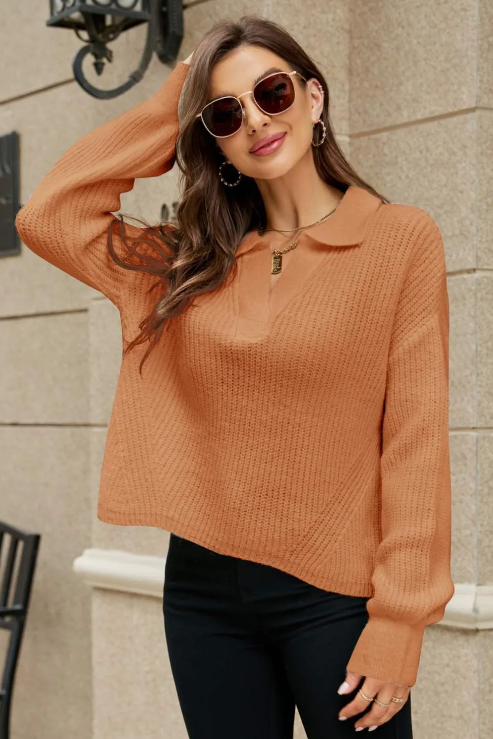 Johnny Collar Lantern Sleeve Sweater in Orange, White, or Grey