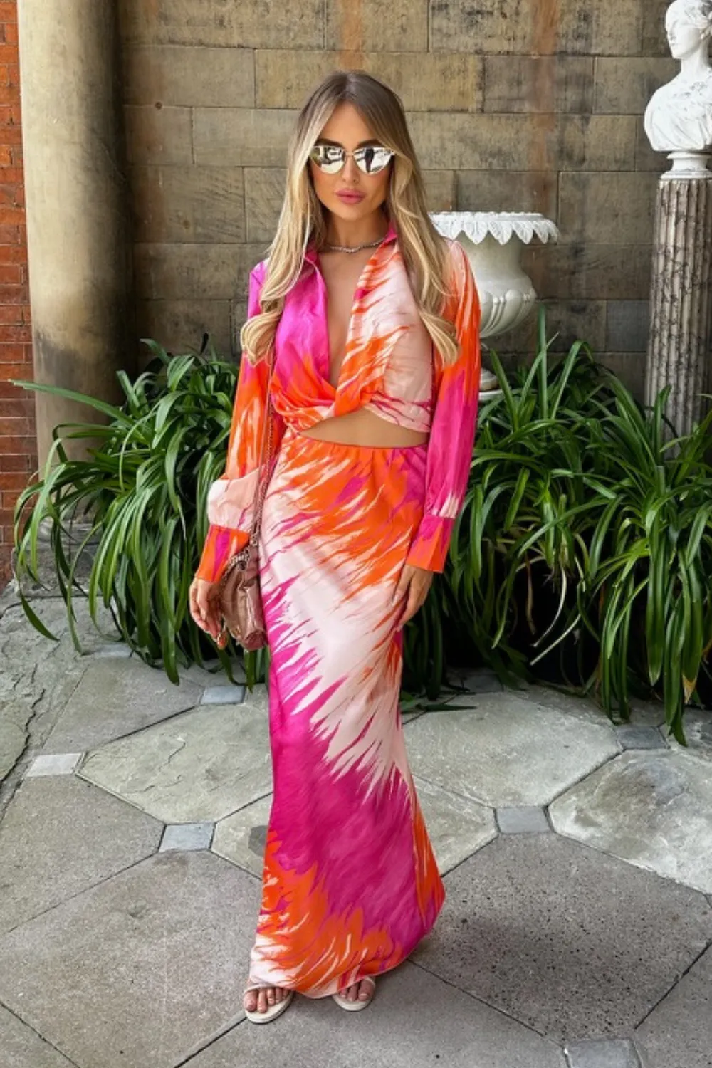 Kalli pink and orange satin blouse and midi skirt co-ord