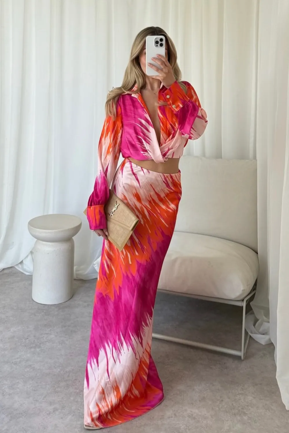 Kalli pink and orange satin blouse and midi skirt co-ord