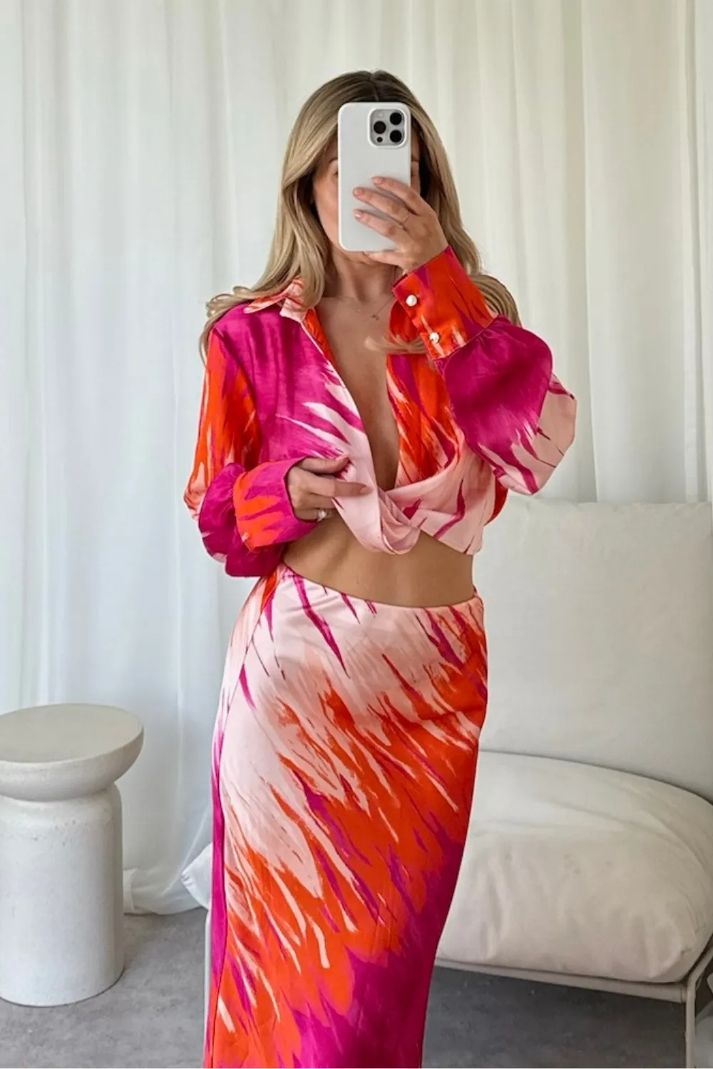 Kalli pink and orange satin blouse and midi skirt co-ord