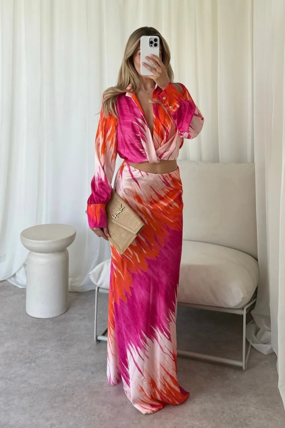 Kalli pink and orange satin blouse and midi skirt co-ord