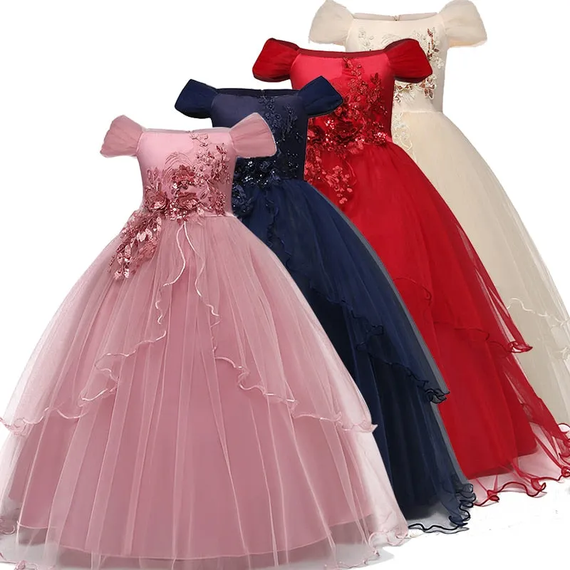 Kid Wedding Dresses for Girls Elegant Flower Princess Long Gown Baby Girl Christmas Dress Size 6 12 14 Years