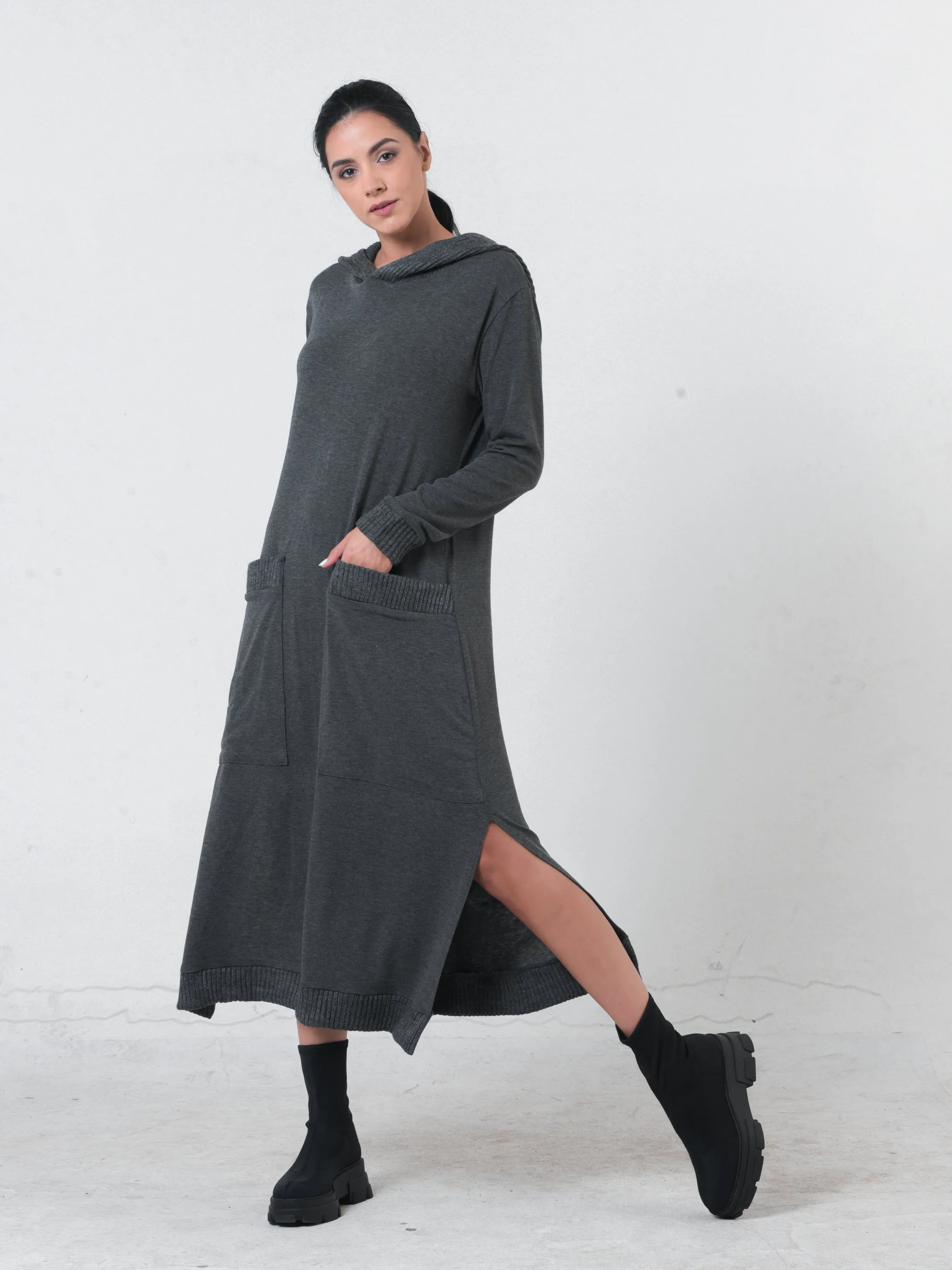 Knitted Long Sleeve Hooded Dress In Dark Gray