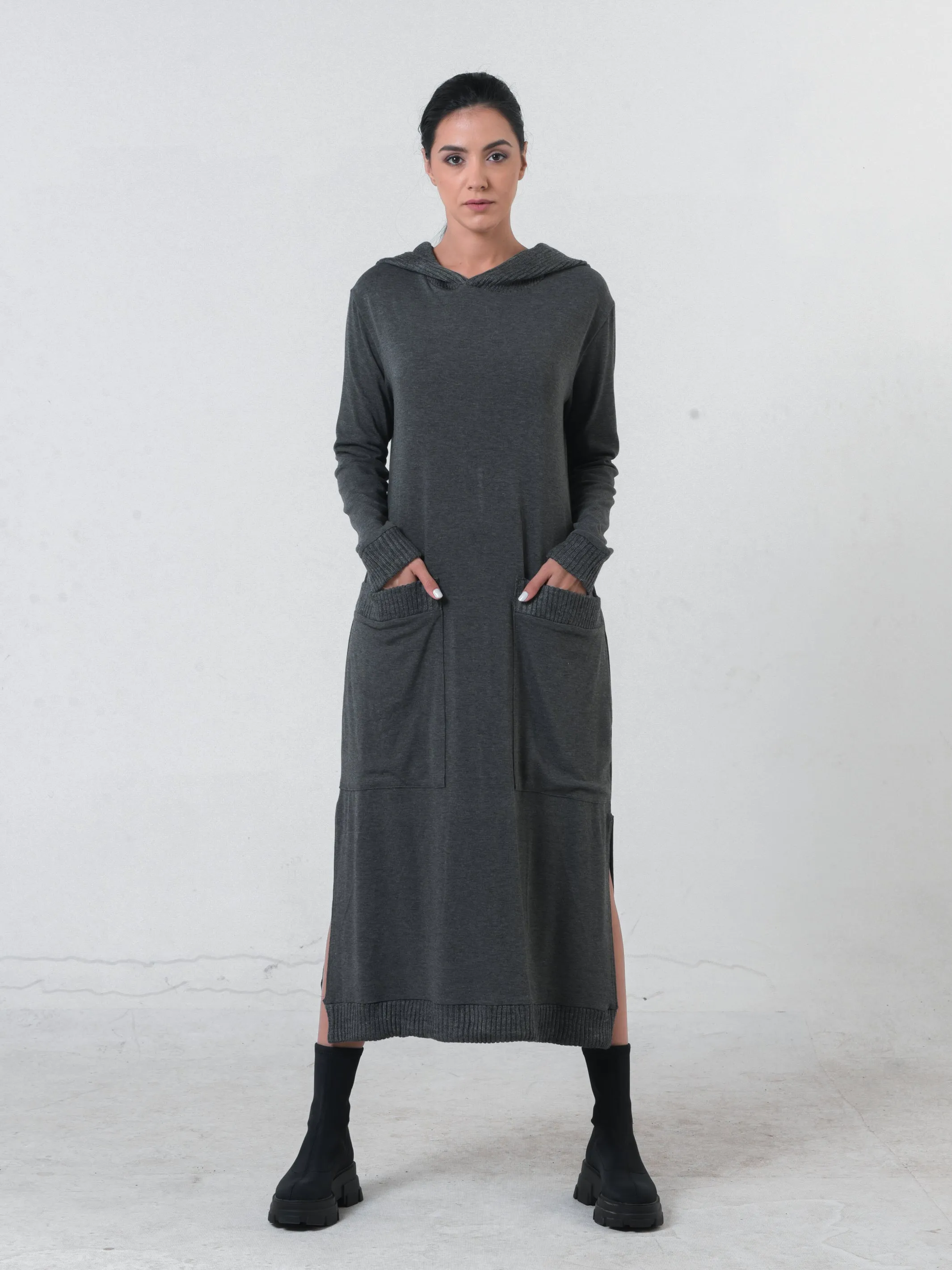 Knitted Long Sleeve Hooded Dress In Dark Gray