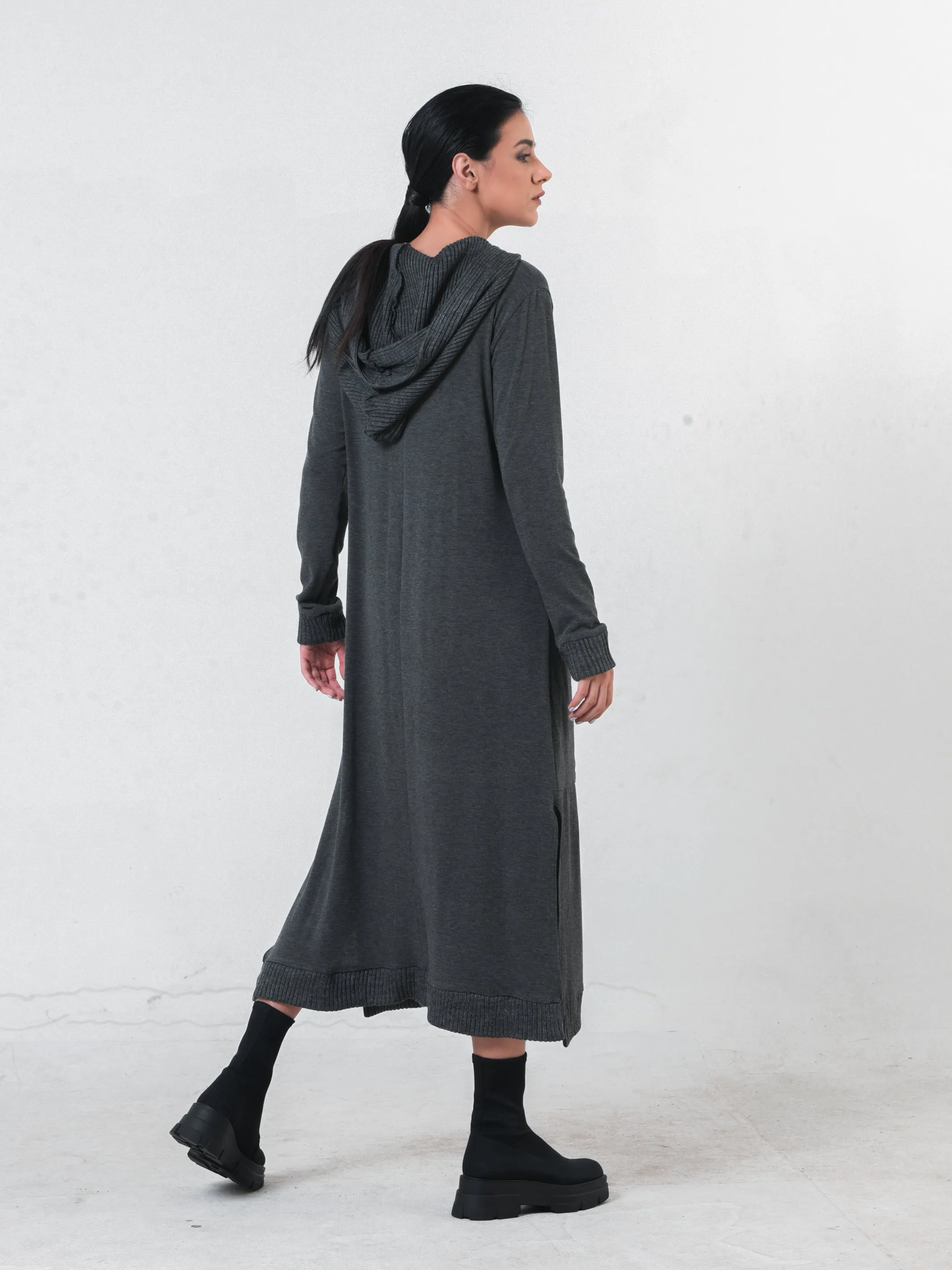 Knitted Long Sleeve Hooded Dress In Dark Gray