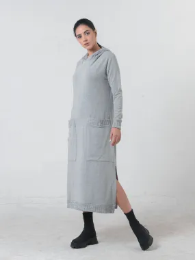 Knitted Long Sleeve Hooded Dress In Light Gray