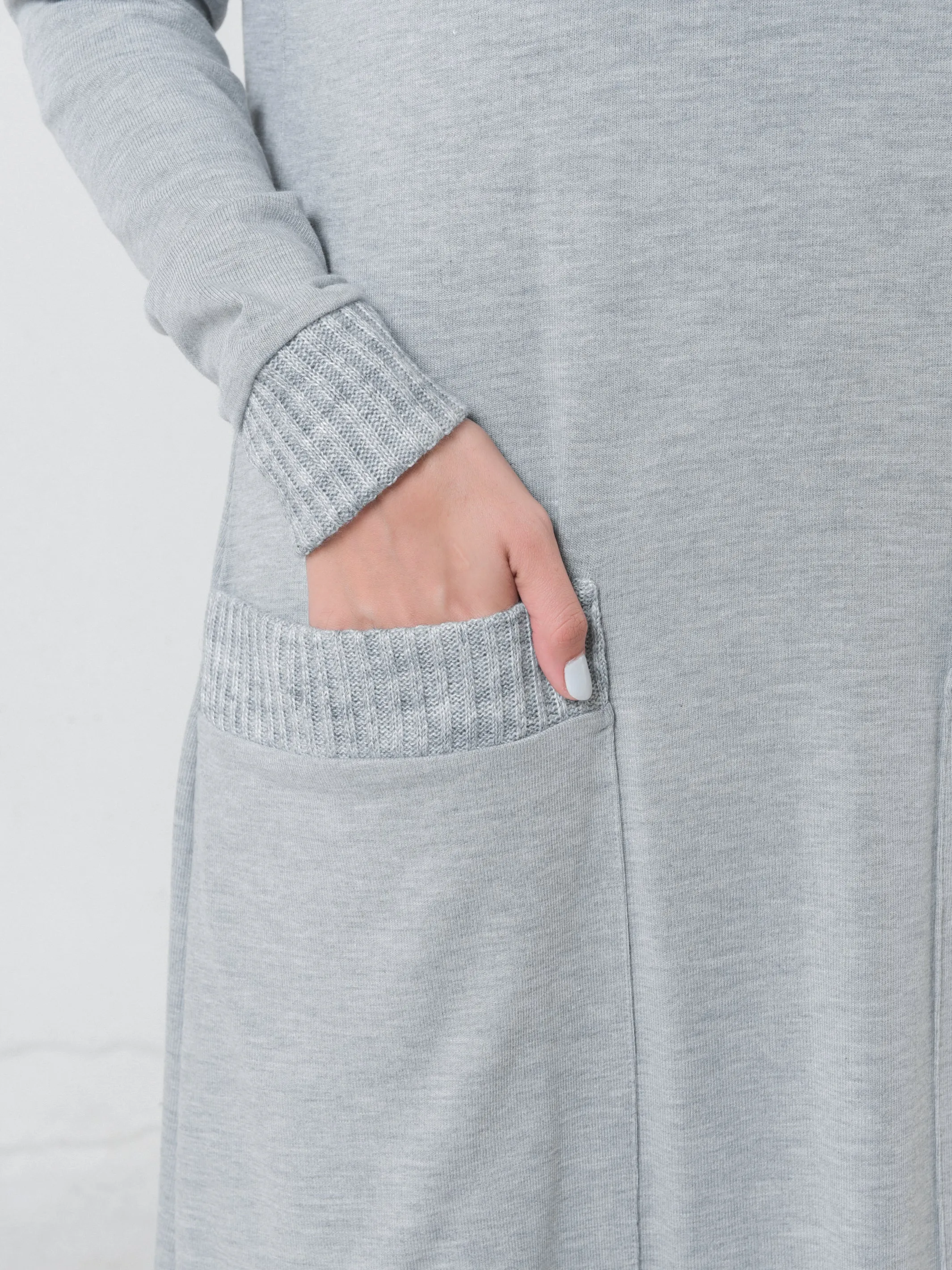 Knitted Long Sleeve Hooded Dress In Light Gray