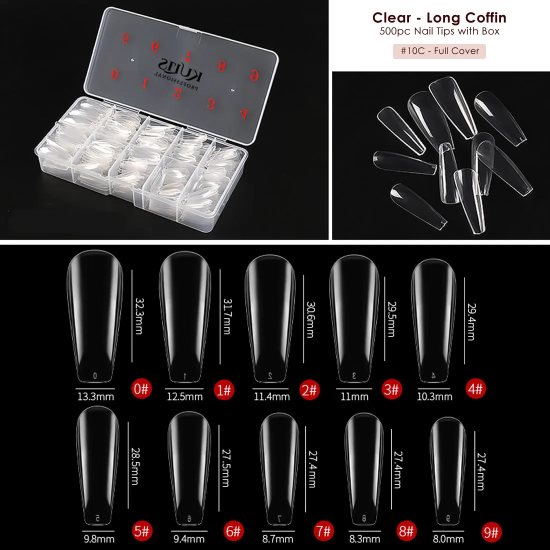 Kulis - Clear Nail Extension Tips - Long Coffin - 10C