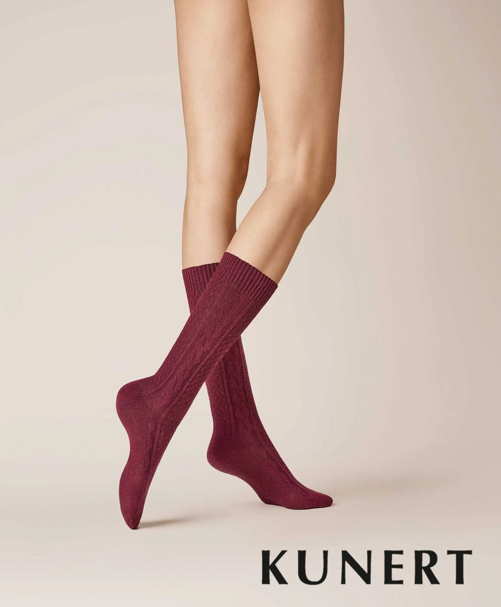 Kunert Knitted Braid Woolen Sock Burgundy 236510