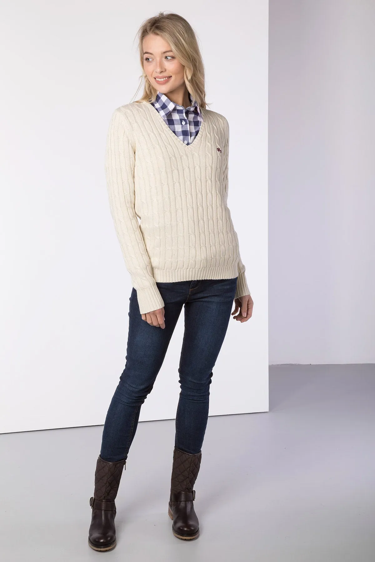 Ladies V Neck Cable Knit Jumper