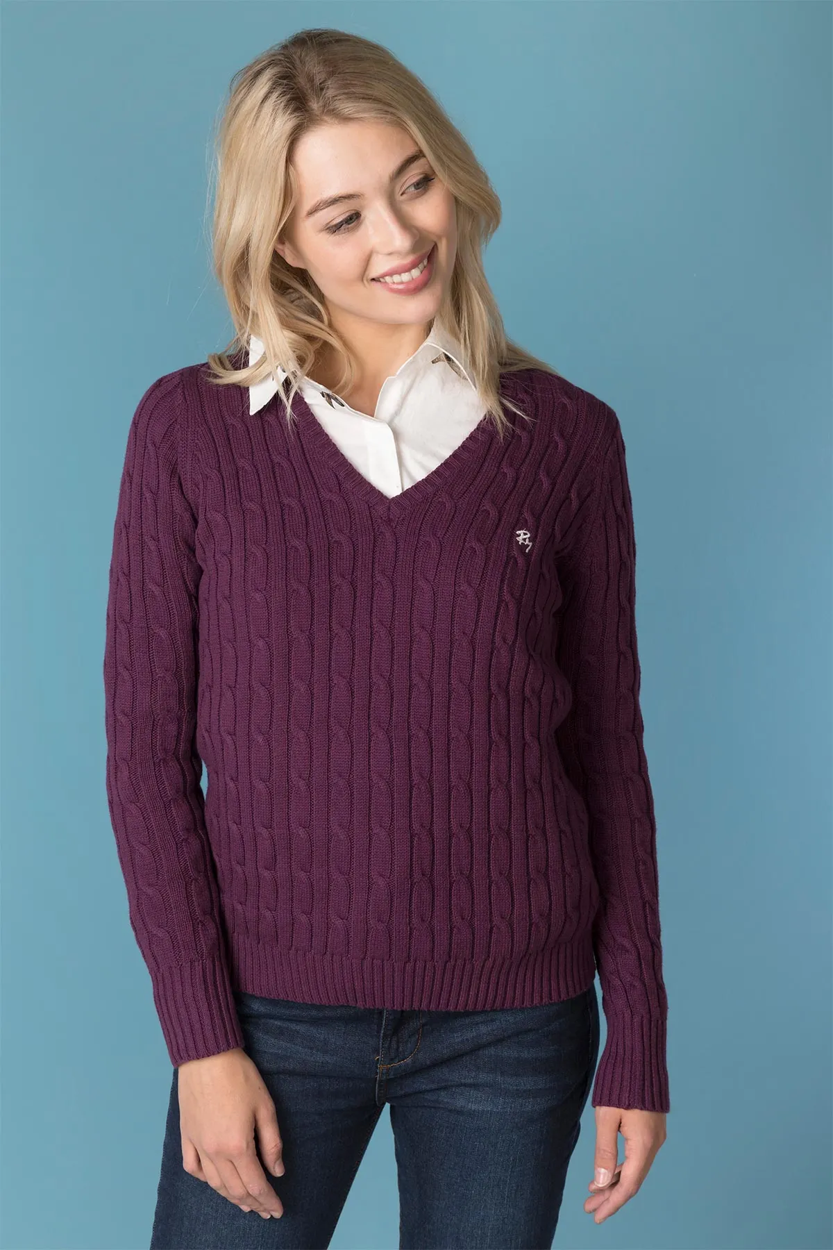 Ladies V Neck Cable Knit Jumper