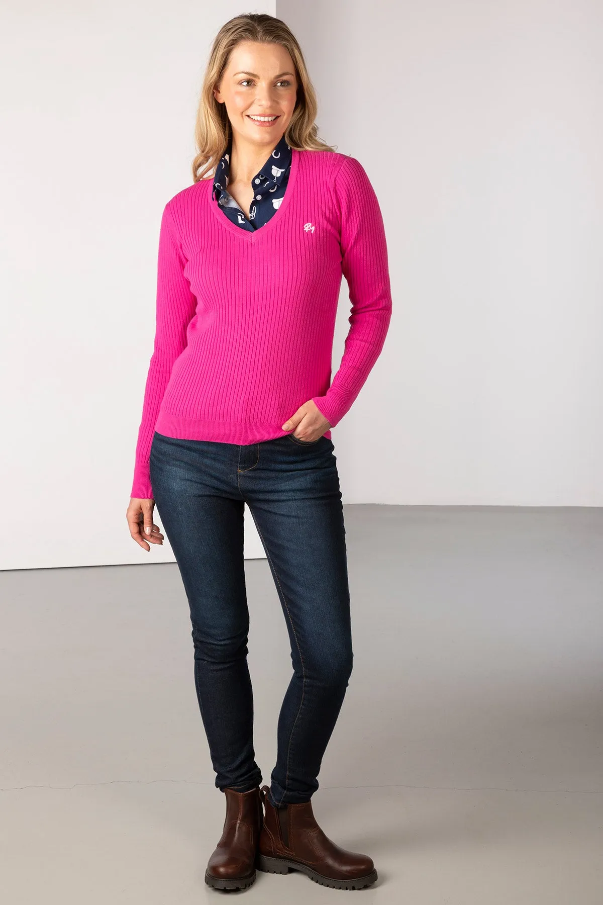 Ladies V Neck Ribbed Jumper - Gemma