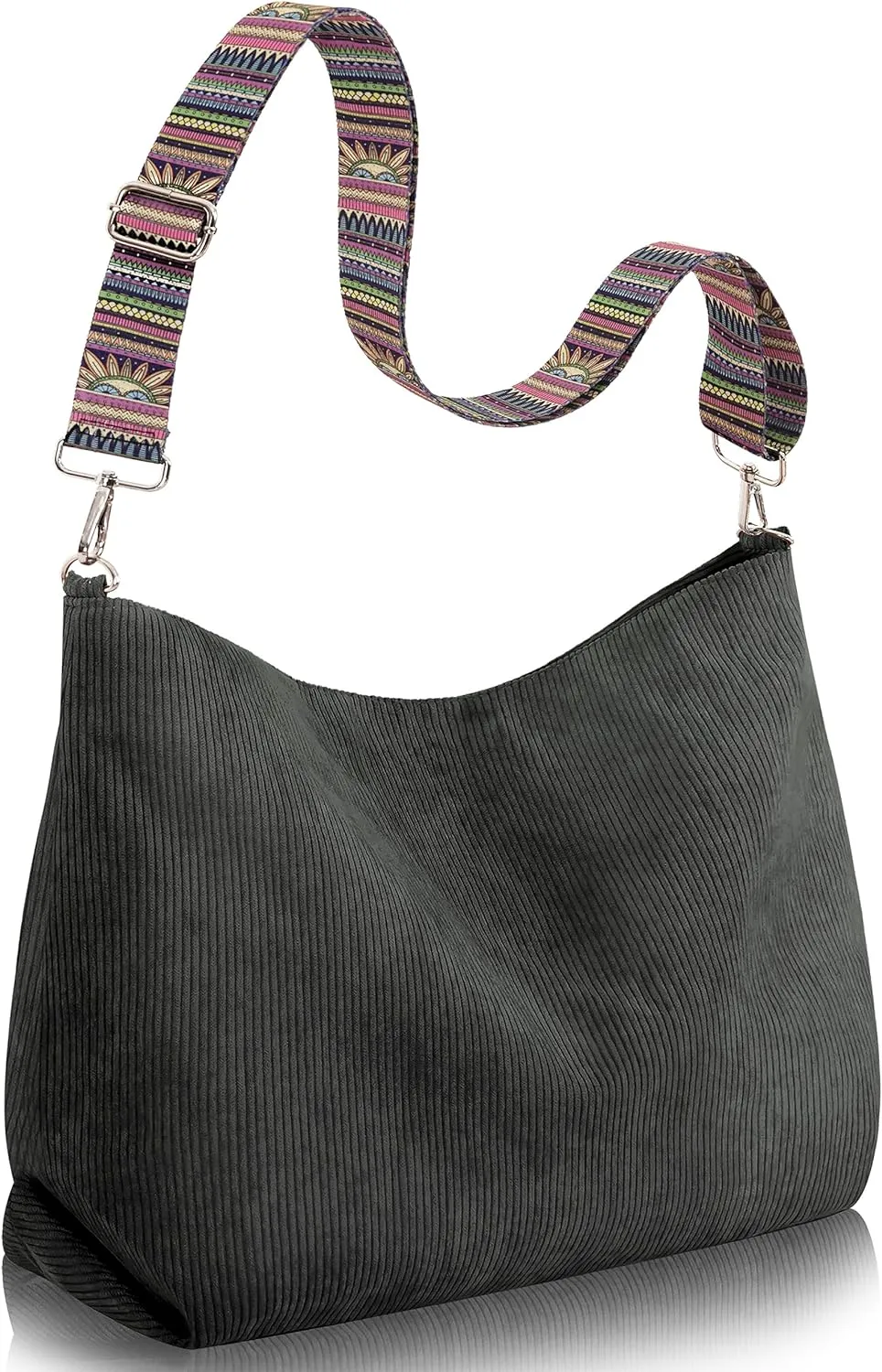 Large Corduroy Shoulder Tote Bag with Zipper and Pockets