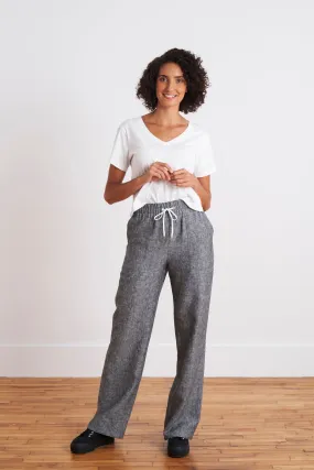 Laundered Linen Pants with Wide Elastic for Tummy Control and Adjustable Drawstring (Charcoal)