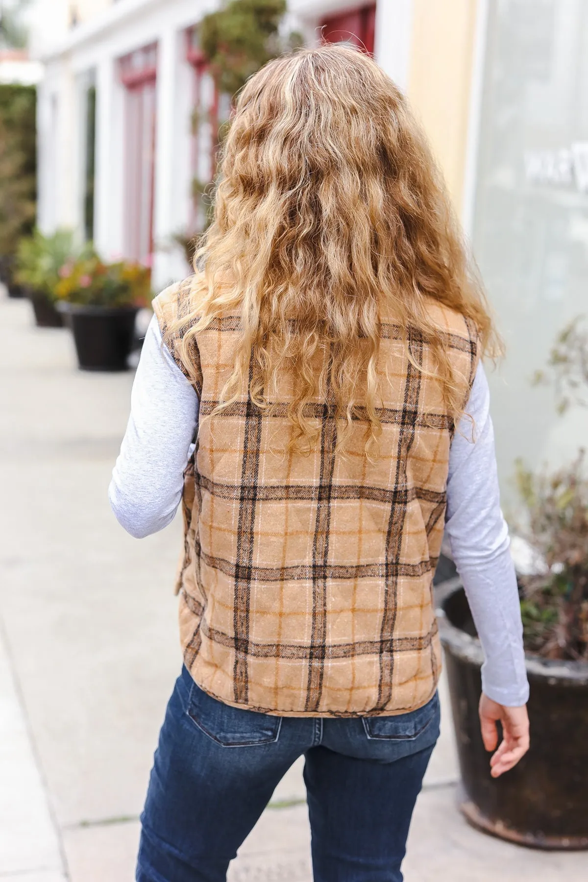 Layer Up Taupe Plaid Snap Button Quilted Puffer Vest