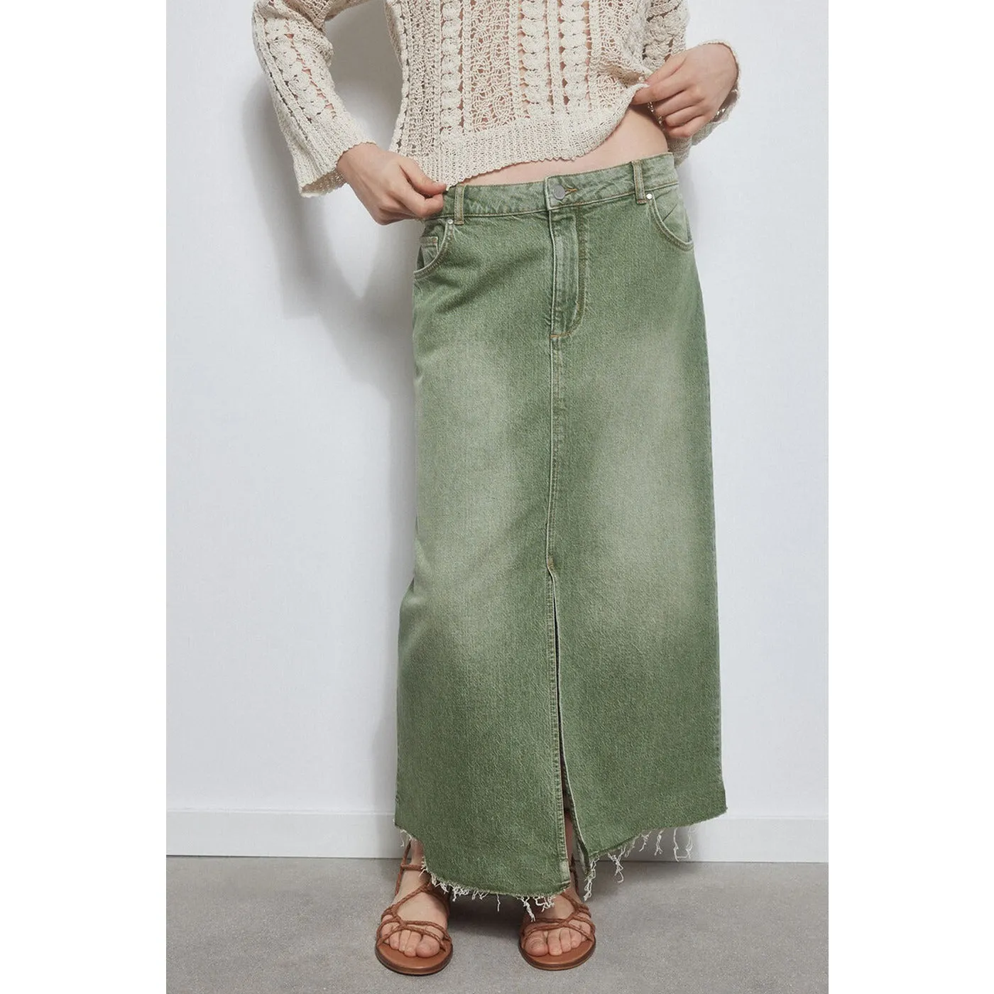 Light Green Denim Midi Skirt