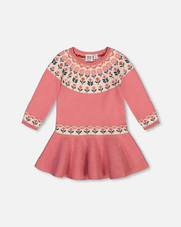 Light Pink Intarsia Flowers Knit Dress