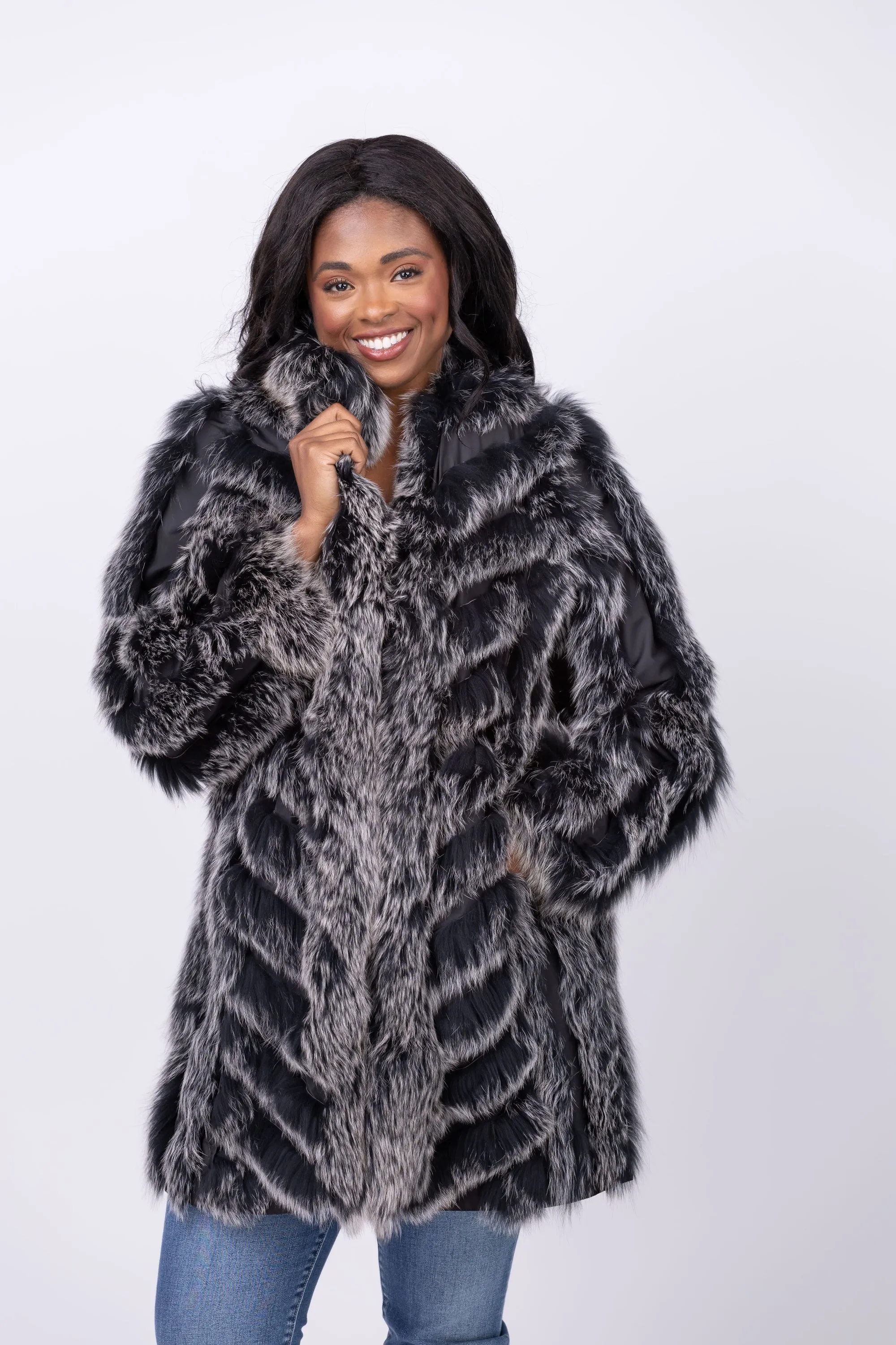 Linda Richards 35” Genuine Fox Fur Reversible Coat in Black